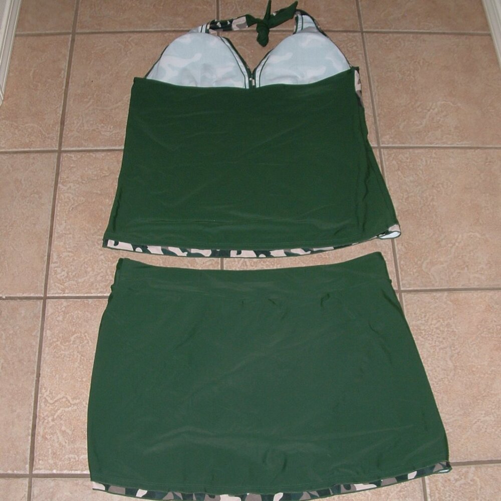 NEW Green with Camo Trim Plus Sz 3XL Skort & Halter Tankini 2 Pc Swimsuit - Picture 6 of 6